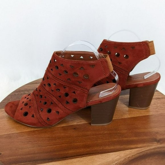 Maurices Jazel Peep Toe Booties 11 M Brick Red Rusty Brown Laser Cut Slingback - Picture 7 of 13